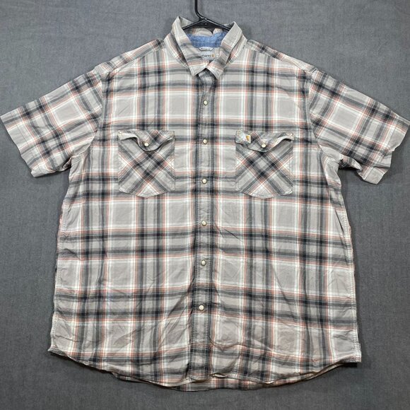 Carhartt Mens Relaxed Fit Plaid Button-Down Shirt 2XL Gray/Orange Cotton Blend - Picture 1 of 13